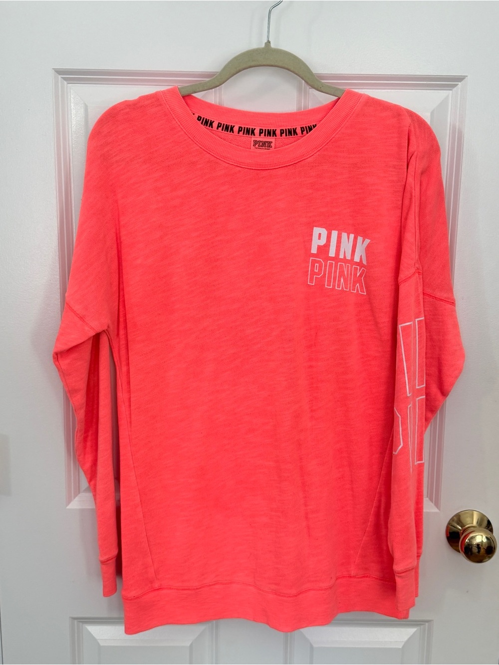 Victoria’s Secret PINK Neon Coral Logo Crewneck Sweatshirt XS NWOT